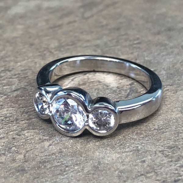 14K White Gold 3 Stone Bezel Set Engagement Ring